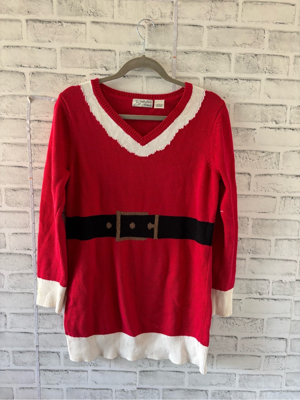 Festive Red V-Neck Sweater with Belt Motif